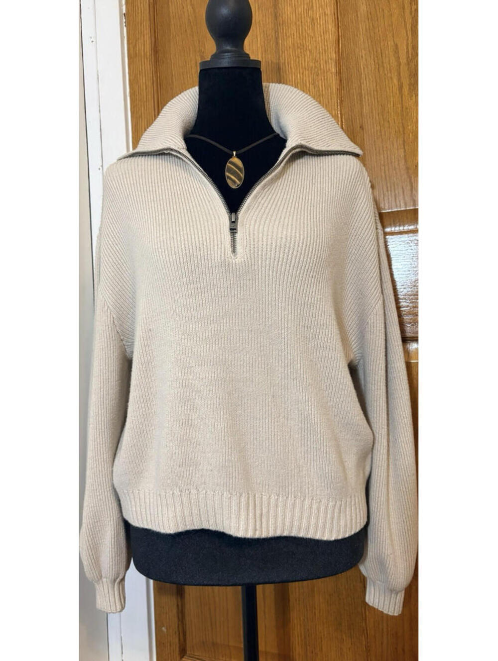 Hollister Ribbed Knit 1/2 Zip Collared Pullover Sweater Beige Women S